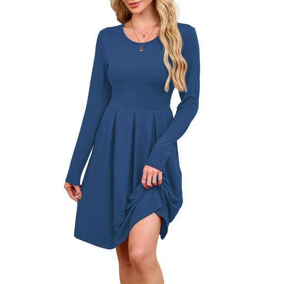 Chiclily Women's Long Sleeve Fall Dress Casual Pleated Swing T-Shirt Dresses with Pockets, Blue L