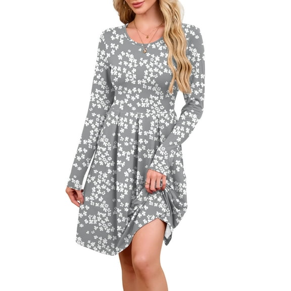 Chiclily Women's Long Sleeve Fall Dress Casual Pleated Swing T-Shirt Dresses with Pockets, Grey Sakura L