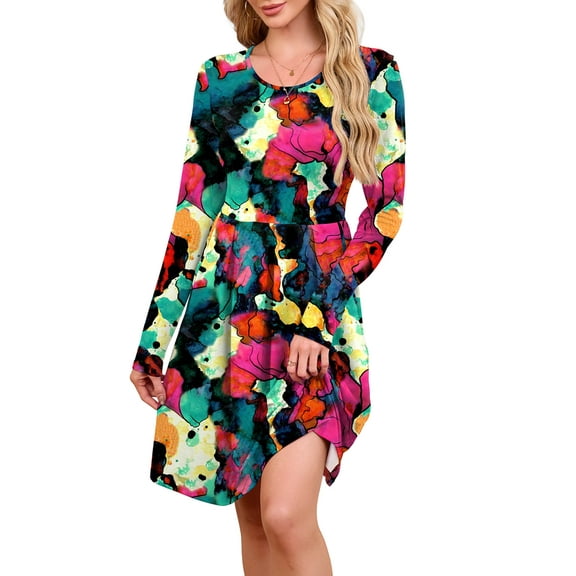 Chiclily Women's Long Sleeve Fall Dress Casual Pleated Swing T-Shirt Dresses with Pockets, Multicolored L