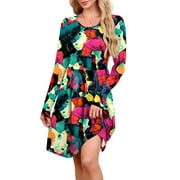 CHICLILY Women's Long Sleeve Fall Dress Casual Pleated Swing T-Shirt Dresses with Pockets, Multicolored M