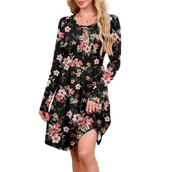 Chiclily Women's Long Sleeve Fall Dress Casual Pleated Swing T-Shirt Dresses with Pockets, Peach Blossom L