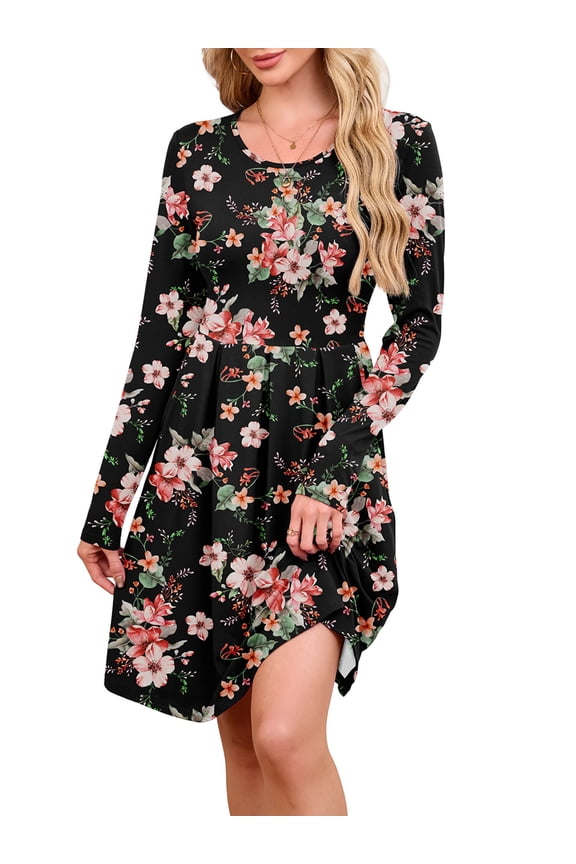 Women's Long Sleeve Fall Dress Casual Pleated Swing T-Shirt Dresses with Pockets, Peach Blossom L