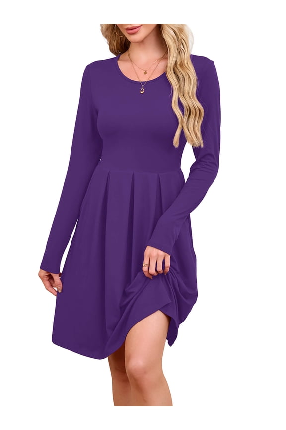 Women's Long Sleeve Fall Dress Casual Pleated Swing T-Shirt Dresses with Pockets, Purple 2XL