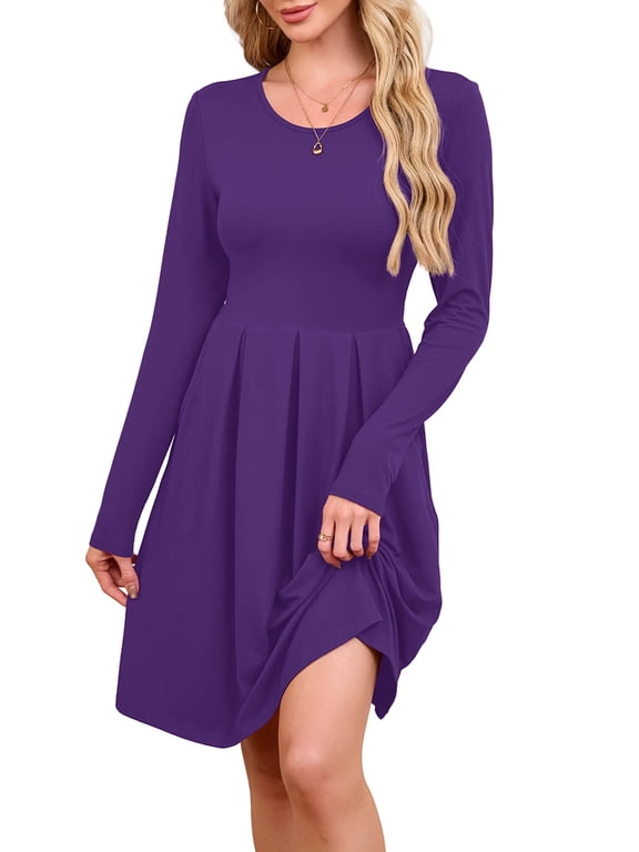 Women's Long Sleeve Fall Dress Casual Pleated Swing T-Shirt Dresses with Pockets, Purple L