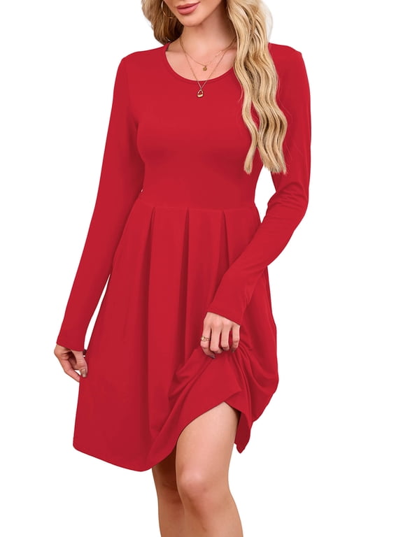 Women's Long Sleeve Fall Dress Casual Pleated Swing T-Shirt Dresses with Pockets, Red S