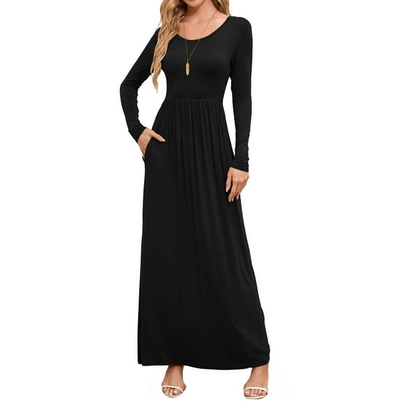 Chiclily Women's Long Sleeve Loose Plain Maxi Dresses Black Casual Long Dresses with Pockets, Size 2XL