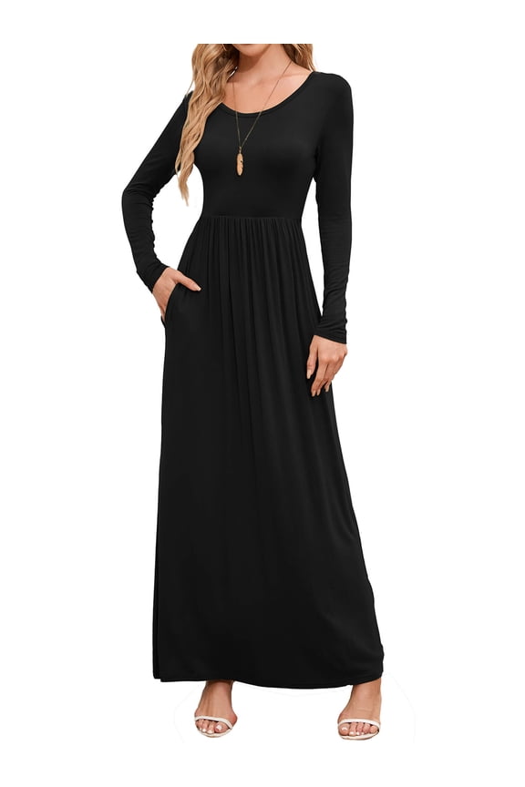 Women's Long Sleeve Loose Plain Maxi Dresses Black Casual Long Dresses with Pockets, Size L