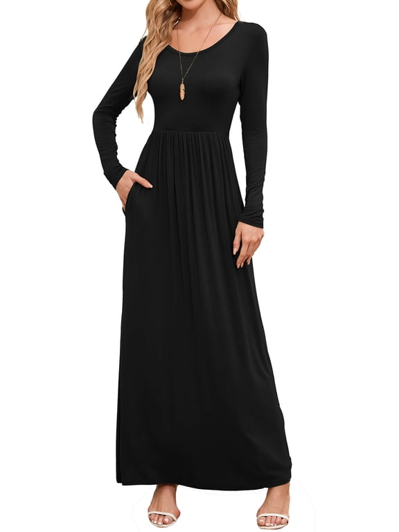 Women's Long Sleeve Loose Plain Maxi Dresses Black Casual Long Dresses with Pockets, Size M
