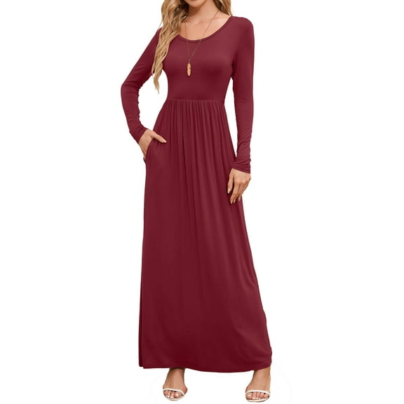 Chiclily Women's Long Sleeve Loose Plain Maxi Dresses Casual Long Dresses with Pockets, Burgundy 2XL