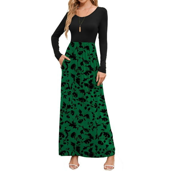 Chiclily Women's Long Sleeve Loose Plain Maxi Dresses Casual Long Dresses with Pockets, Green Silhouette XL
