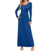 CHICLILY Women's Long Sleeve Loose Plain Maxi Dresses Casual Long Dresses with Pockets, Peach Blossom L