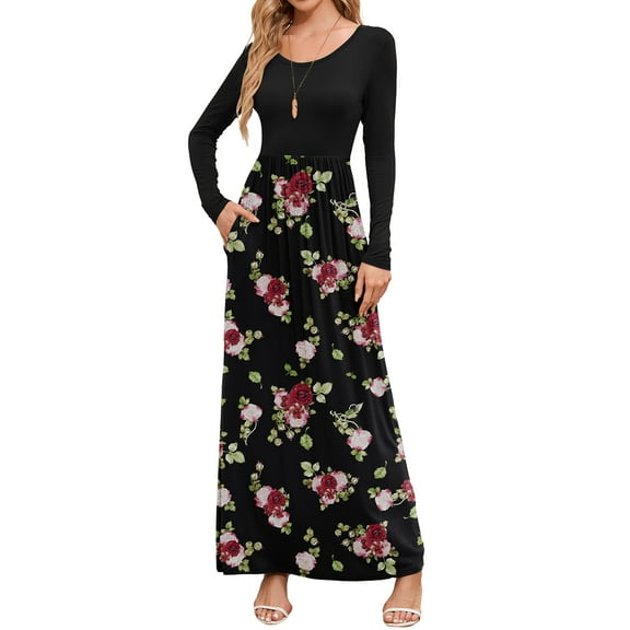 Chiclily Women's Long Sleeve Loose Plain Maxi Dresses Casual Long Dresses with Pockets, Midnight Red Rose XL
