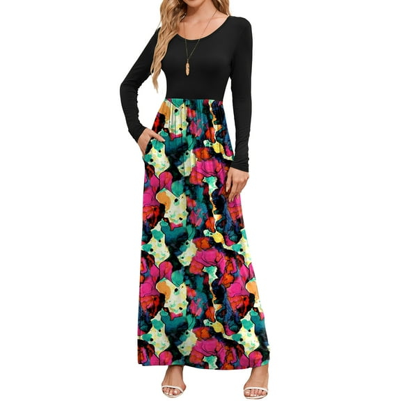 Chiclily Women's Long Sleeve Loose Plain Maxi Dresses Casual Long Dresses with Pockets, Multicolored M