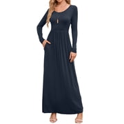 Chiclily Women's Long Sleeve Loose Plain Maxi Dresses Casual Long Dresses with Pockets, Navy Blue XL