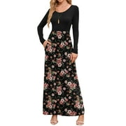 CHICLILY Women's Long Sleeve Loose Plain Maxi Dresses Casual Long Dresses with Pockets, Peach Blossom L