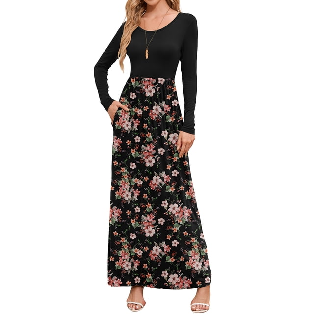 Chiclily Women's Long Sleeve Loose Plain Maxi Dresses Casual Long Dresses with Pockets, Peach Blossom L