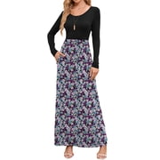 Chiclily Women's Long Sleeve Loose Plain Maxi Dresses Casual Long Dresses with Pockets, Tricolor Blossoms 2XL