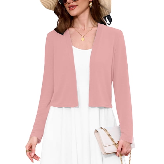 Chiclily Women's Long Sleeve Pink Cropped Cardigans Sweaters Open Front Knit Short Shrugs for Dresses, Size XL