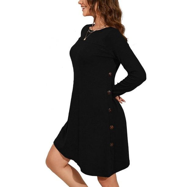 Chiclily Women s Long Sleeve Sweater Dress Black 2XL Loose Casual Tunic Dress with Side Button