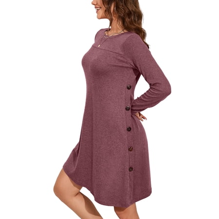 Chiclily Women's Long Sleeve Sweater Dress Purple Red 2XL Loose Casual Tunic Dress with Side Button