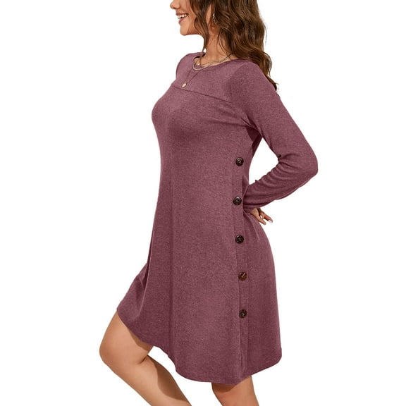 Chiclily Women's Long Sleeve Sweater Dress Purple Red Small Loose Casual Tunic Dress with Side Button