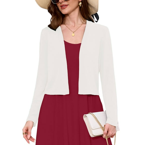 Chiclily Women's Long Sleeve White Cropped Cardigans Sweaters Open Front Knit Short Shrugs for Dresses, Size 2XL