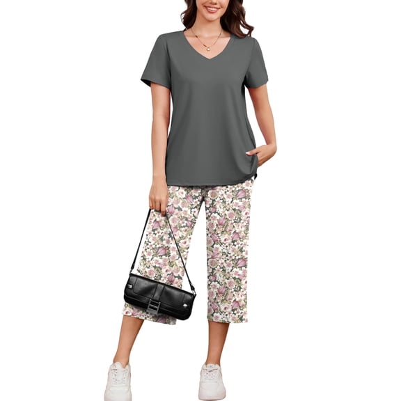 Chiclily Women's Lounge Set Short Sleeve Shirt and Wide Leg Capri Pants Sweatsuit with Pockets 2 Piece Pajamas Set, Size L