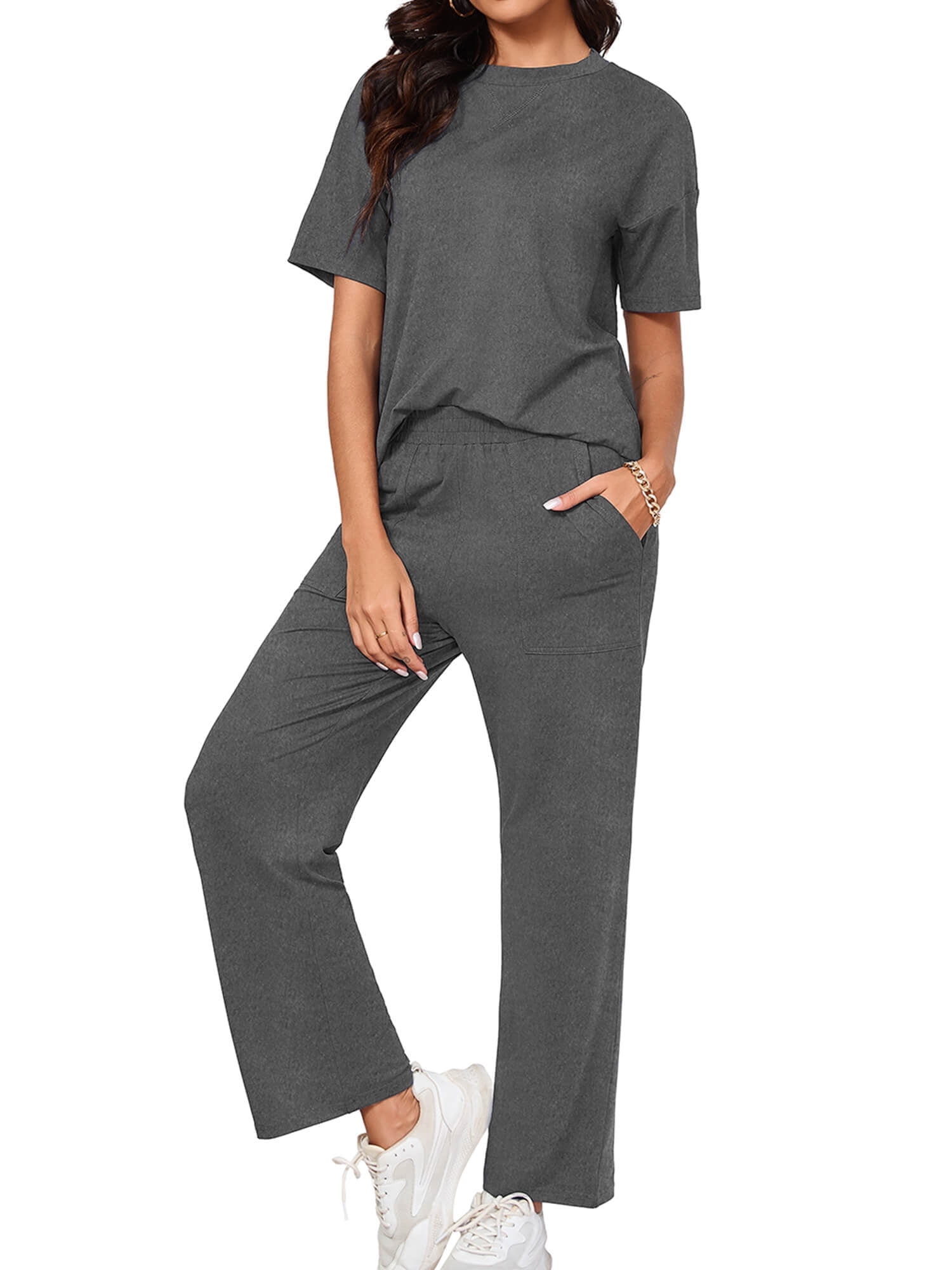 Women S Two Piece Contrast Lounge Set White Raglan Crop Tee Navy Dolphin Shorts Pajama Set main image 1