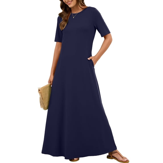 Chiclily Women's Summer Short Sleeve Maxi Dress with Pockets - Soft Casual Loose Long Boho Sundress for Beach & Vacation, Navy Blue Size 2XL