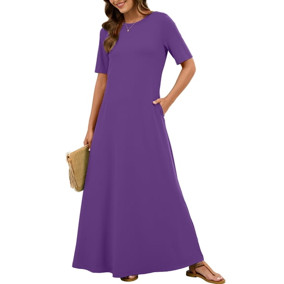 Chiclily Women's Summer Short Sleeve Maxi Dress with Pockets - Soft Casual Loose Long Boho Sundress for Beach & Vacation, Purple Size L