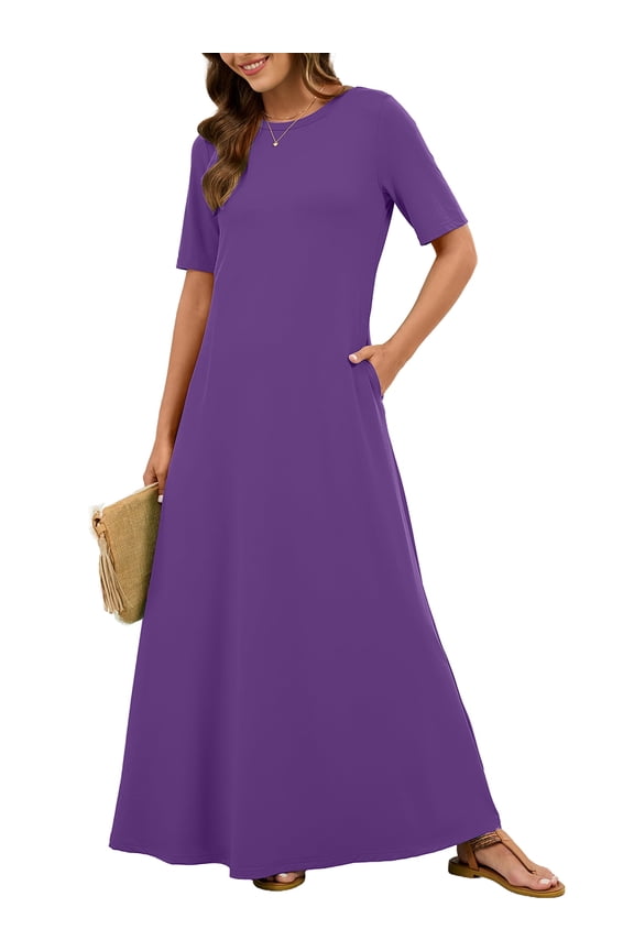 Women's Summer Short Sleeve Maxi Dress with Pockets - Soft Casual Loose Long Boho Sundress for Beach & Vacation, Purple Size L