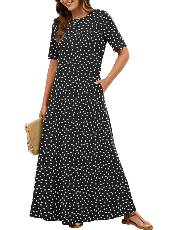 Women's Summer Short Sleeve Maxi Dress with Pockets - Soft Casual Loose Long Boho Sundress for Beach & Vacation, Polkadots Black Size L