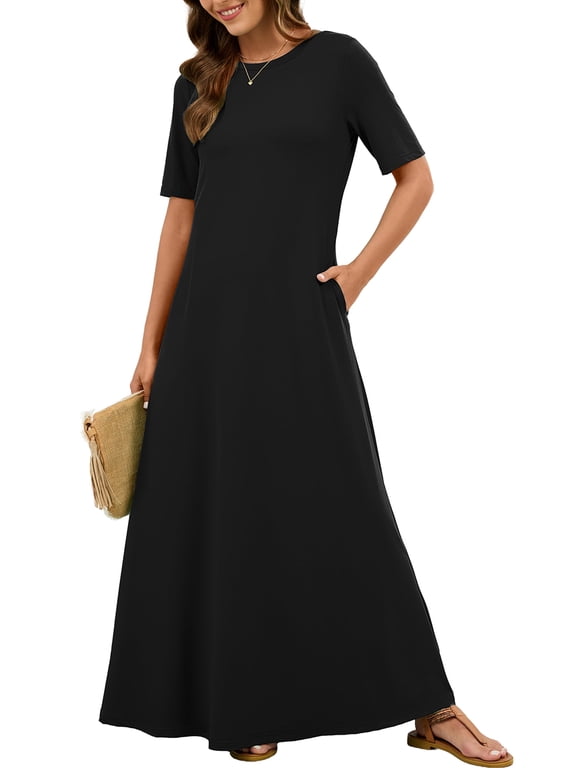 Women's Summer Short Sleeve Maxi Dress with Pockets - Soft Casual Loose Long Boho Sundress for Beach & Vacation, Black Size L