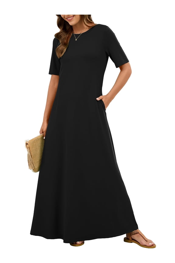Women's Summer Short Sleeve Maxi Dress with Pockets - Soft Casual Loose Long Boho Sundress for Beach & Vacation, Black Size L