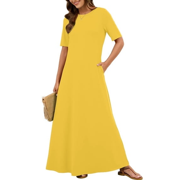 Chiclily Women's Summer Short Sleeve Maxi Dress with Pockets - Soft Casual Loose Long Boho Sundress for Beach & Vacation, Yellow Size XL