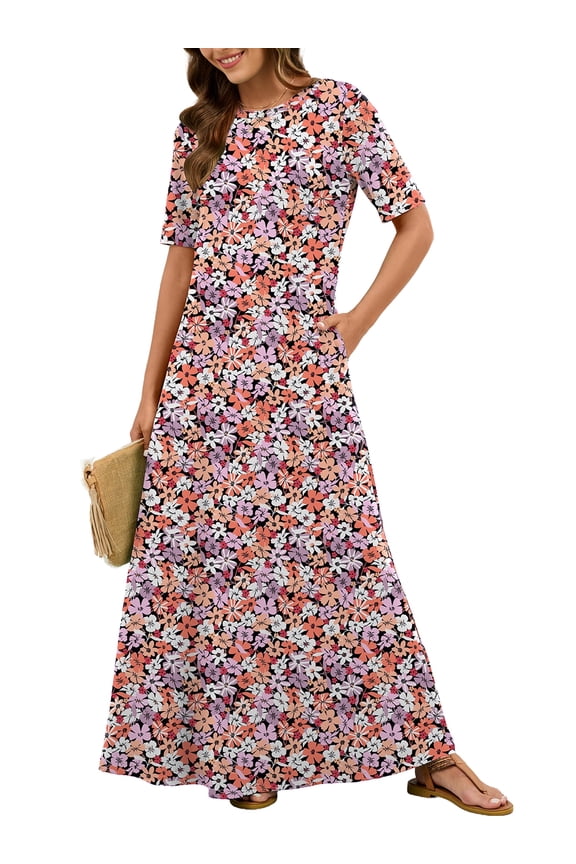 Women's Summer Short Sleeve Maxi Dress with Pockets - Soft Casual Loose Long Boho Sundress for Beach & Vacation, Numerous Flowers Size L