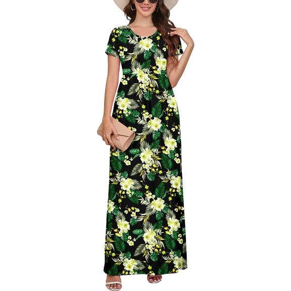 Chiclily Women's Maxi Dresses Short Sleeve Long Casual Dresses Loose Plain with Pockets, Black Yellow Lily L
