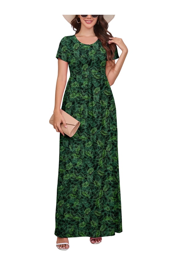 Women's Maxi Dresses Short Sleeve Long Casual Dresses Loose Plain with Pockets, Green Leaves M