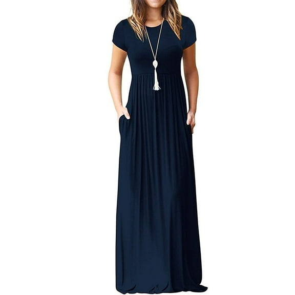Chiclily Women's Maxi Dresses Short Sleeve Long Casual Dresses Loose Plain with Pockets, Navy Blue M