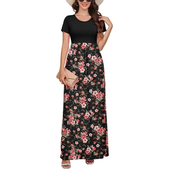 Chiclily Women's Maxi Dresses Short Sleeve Long Casual Dresses Loose Plain with Pockets, Peach Blossom M
