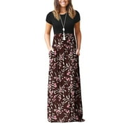 CHICLILY Women's Maxi Dresses Short Sleeve Long Casual Dresses Loose Plain with Pockets, Plum Blossom L