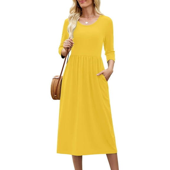 Chiclily Women's Midi Dress 3/4 Sleeve Flare A-line Long Maxi Dress with Pockets for Spring Fall, Light Yellow M