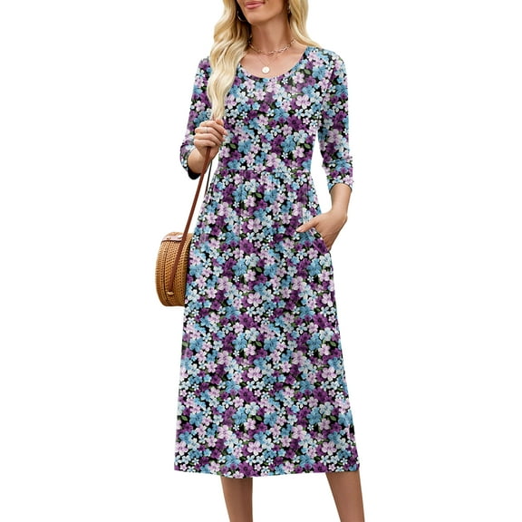 Chiclily Women's Midi Dress 3/4 Sleeve Flare A-line Long Maxi Dress with Pockets for Spring Fall, Tricolor Blossoms L