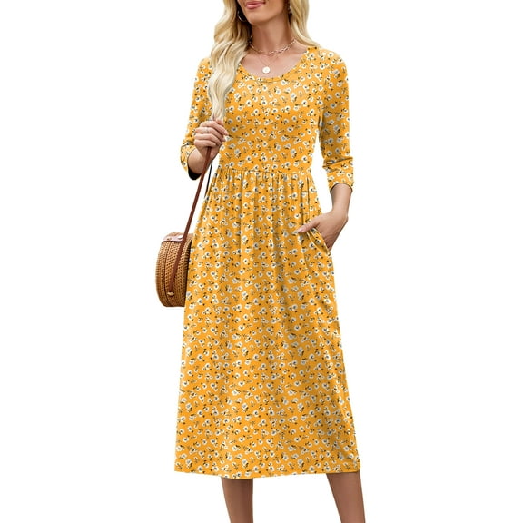 Chiclily Women's Midi Dress 3/4 Sleeve Flare A-line Long Maxi Dress with Pockets for Spring Fall, Yellow White Flower L