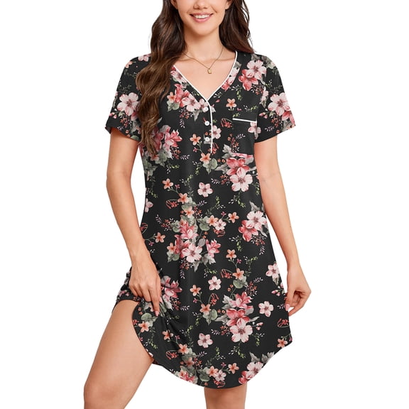 Chiclily Women's Nightgown Short Sleeve Sleepshirt V Neck Lounge Dress with Pocket, Soft Floral Nightshirt Pajama in Size L