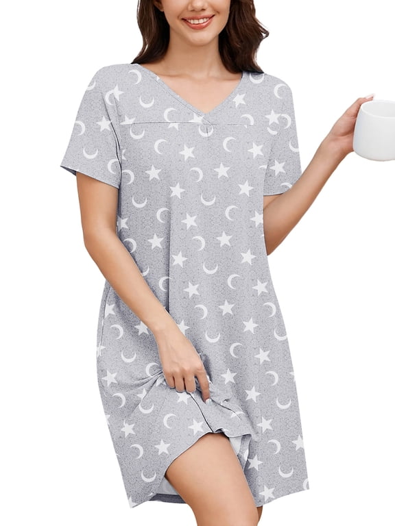 Women's Nightgown Short Sleeve Nightshirt Comfy Sleepwear V-Neck MuMu Dress with Pockets, White Stars Size L