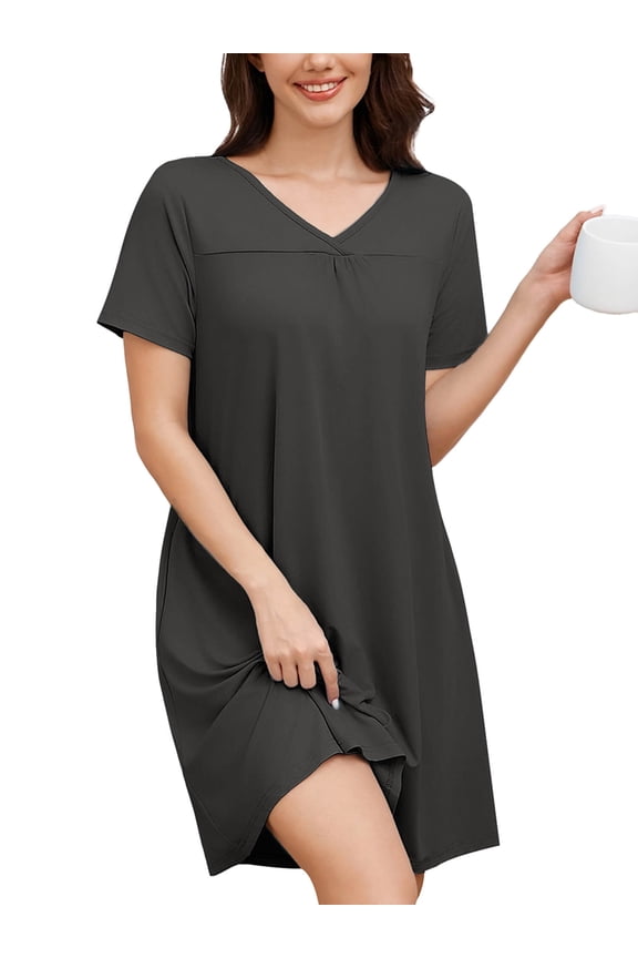 Women's Short Sleeve Nightgown V-Neck Sleepshirt Dark Gray Sleepwear Loungewear Dress with Pockets, Size L