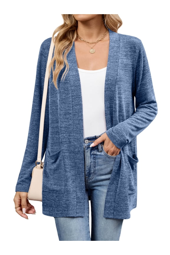 Women's Open Front Cardigan Shirt Loose Thin Knit Long Sleeve Lightweight Coat for Fall with Pockets, Blue Size M