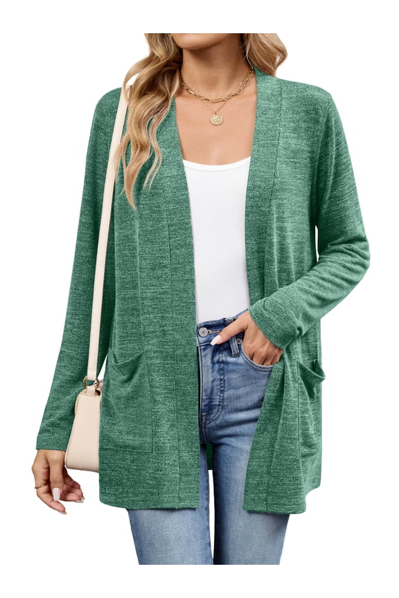 Women's Open Front Cardigan Shirt Loose Thin Knit Long Sleeve Lightweight Coat for Fall with Pockets, Green Size L