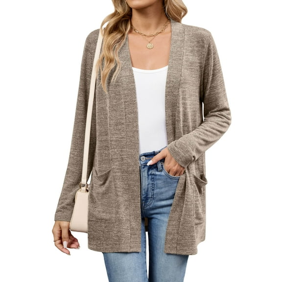 Chiclily Women's Open Front Cardigan Shirt Loose Thin Knit Long Sleeve Lightweight Coat for Fall with Pockets, Khaki Size L